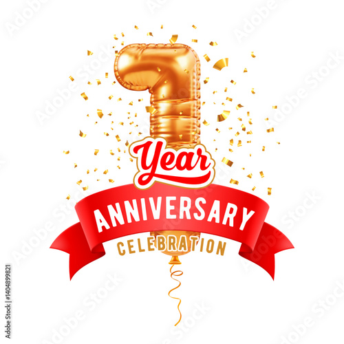 1st Year anniversary, birthday celebration. 3D realistic golden balloon shaped number one and red ribbon with text, isolated on white background. Template for jubilee, gala event. Vector illustration