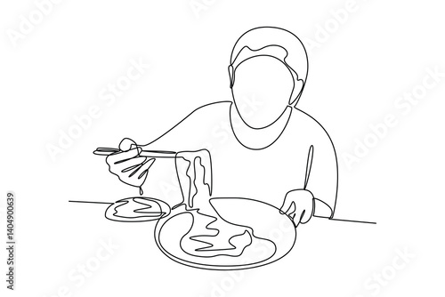 One single line drawing of Spectators enjoy watching people consume lavish spreads in food review vidio. Food vlogger minimalist concept. Food reviewer.