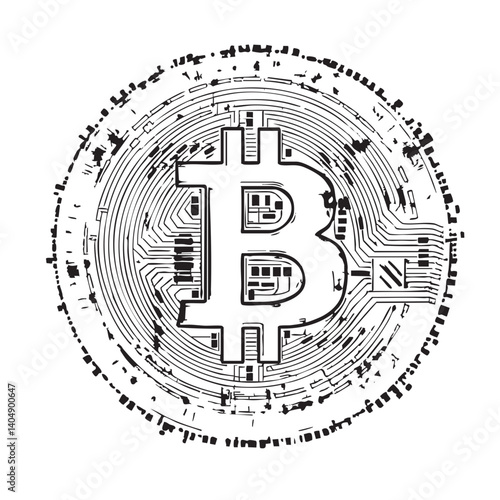 Black and White Bitcoin Symbol with Circuit Board Design Elements