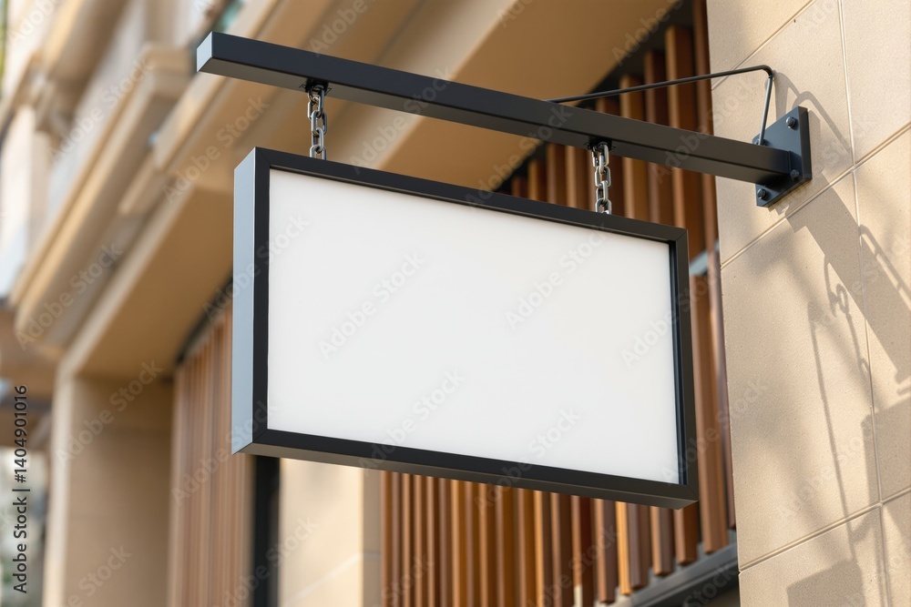 Blank hanging shop sign with metal frame mounted on building wall, realistic style, blurred urban background. Concept of business branding. Ai generative
