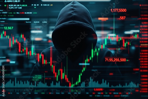 Wallpaper Mural Hooded anonymous figure with financial chart overlays, digital style, blurred office background. Concept of cybercrime in finance. Ai generative Torontodigital.ca