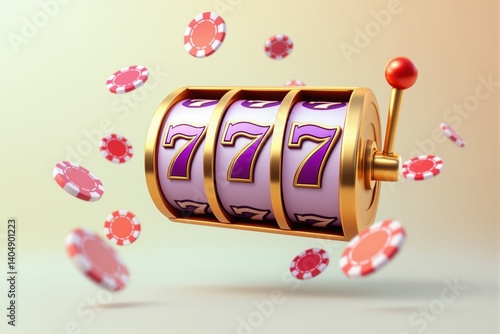 Slot machine with golden frame showing triple sevens, surrounded by flying poker chips, creative colorful style on soft pastel background. Ai generative