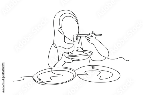 One single line drawing of food reviewer eat prodigious portions of food for their audience. Food vlogger minimalist concept. Food reviewer.