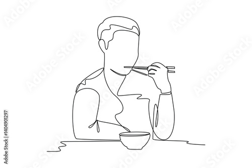 One single line drawing of food reviewer videos feature people savoring excessive quantities of food. Food vlogger minimalist concept. Food reviewer.