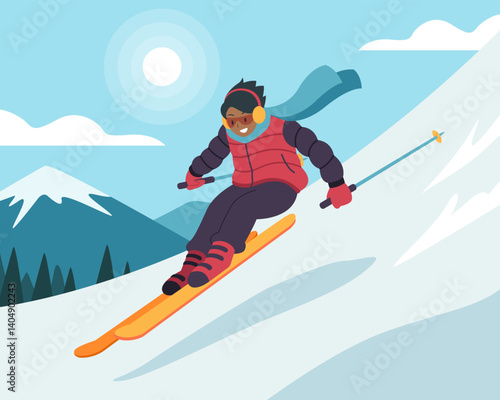 Flat style Winter skiing on ski slope cartoon illustration
