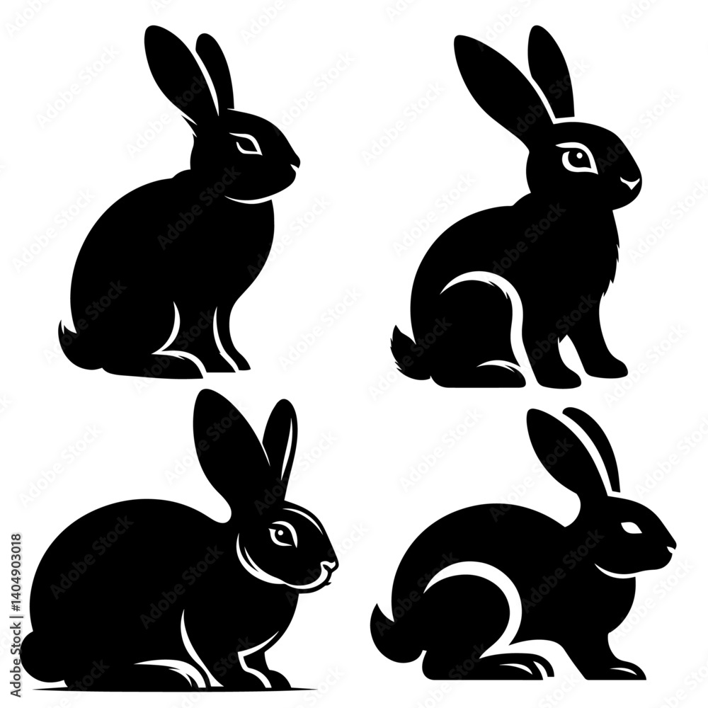 Fototapeta premium Black and white vector silhouette of a rabbit on white background 
