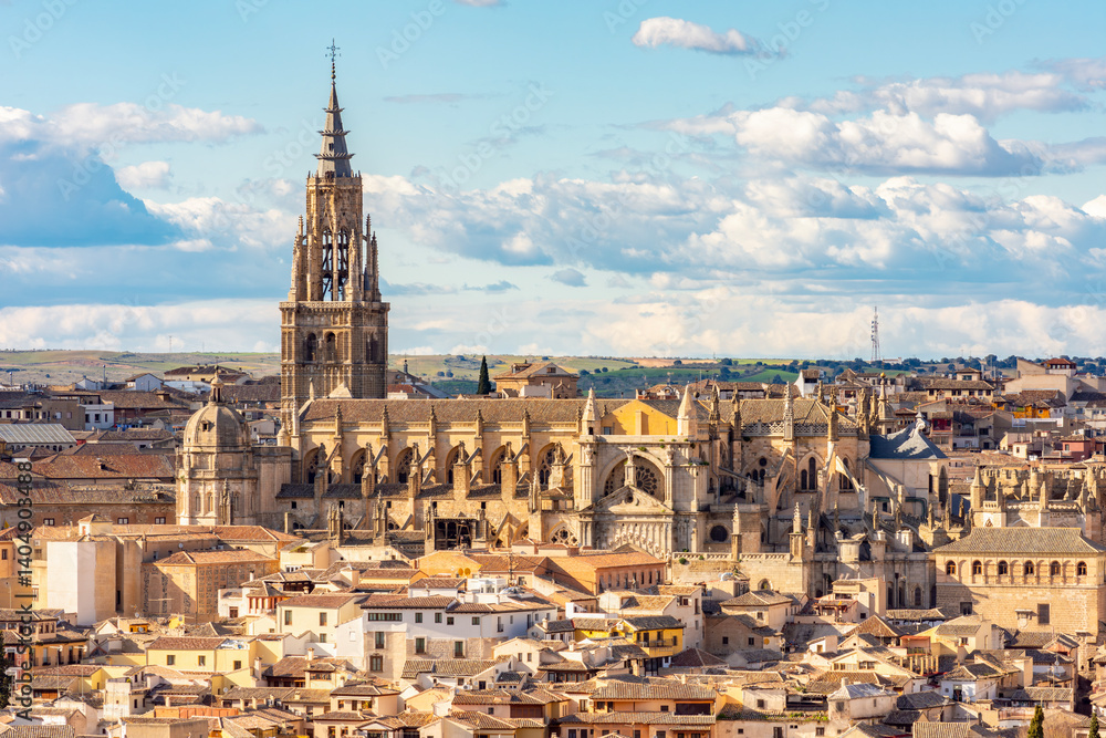 Toledo Cathedral above old town roofs, Spain Toledo Cathedral above old town roofs, Spain