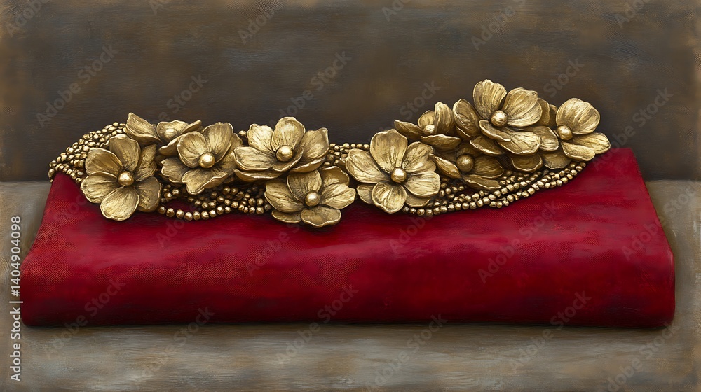 Obraz premium Ornate gold floral clutch resting on a maroon leather book.
