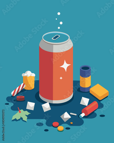 A soda can sitting on the curb surrounded by cigarette butts and candy wrappers a microcosm of our societys unhealthy habits and disregard for the environment.. Vector illustration