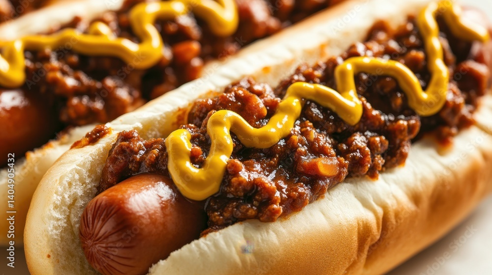Classic chili dogs with mustard drizzle on soft buns, presented in a close-up, appetizing view