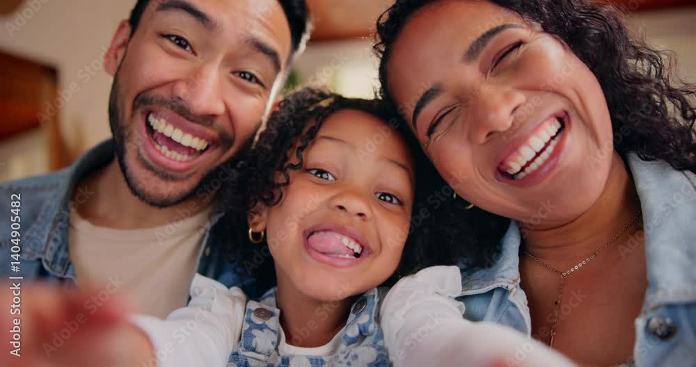 Face, parents and child for selfie in home with memory, bonding or together for love or support. Woman, man and kid with portrait for weekend, happiness and photography as playful as family in Guyana Face, parents and child for selfie in home with memory, bonding or together for love or support. Woman, man and kid with portrait for weekend, happiness and photography as playful as family in Guyana