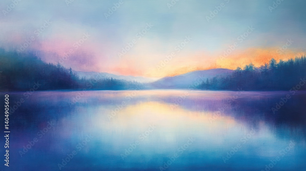 Serene lake reflection at dusk, painted with soft pastel hues and gentle light Serene lake reflection at dusk, painted with soft pastel hues and gentle light
