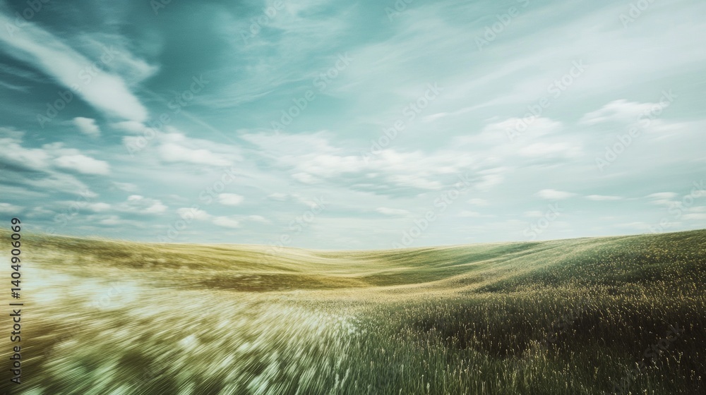 Obraz premium Vast serene landscape with flowing clouds over open grassland