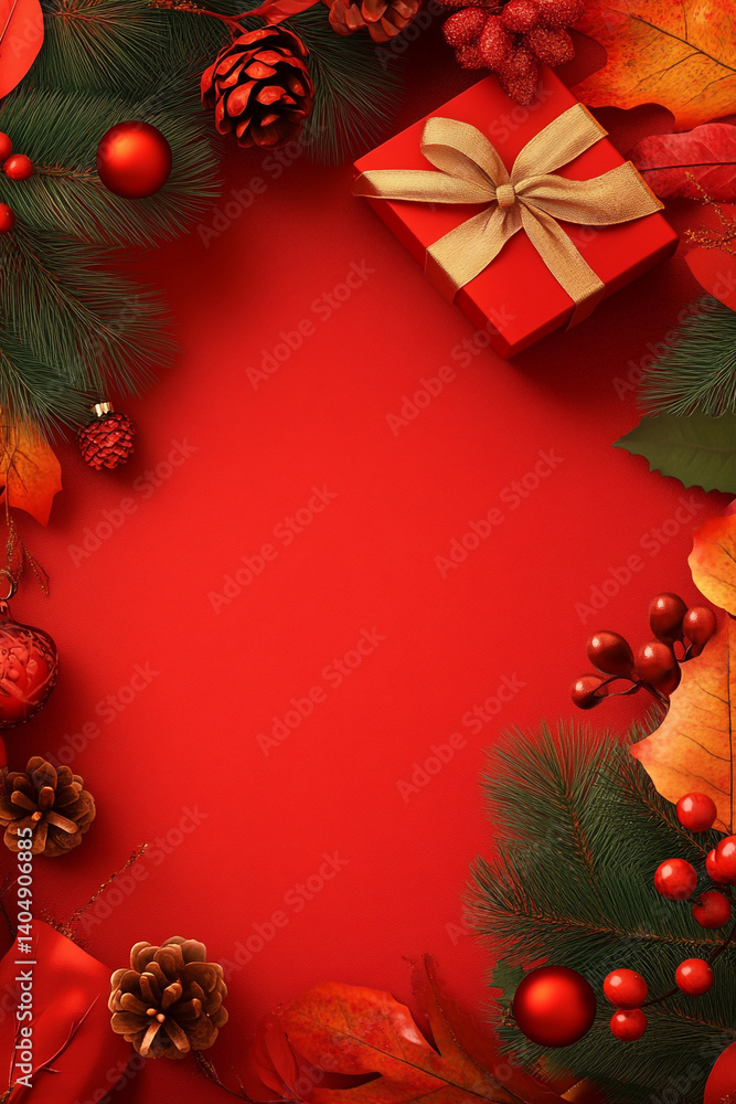 Red Christmas Background with Gift, Pine, and Autumn Leaves Red Christmas Background with Gift, Pine, and Autumn Leaves