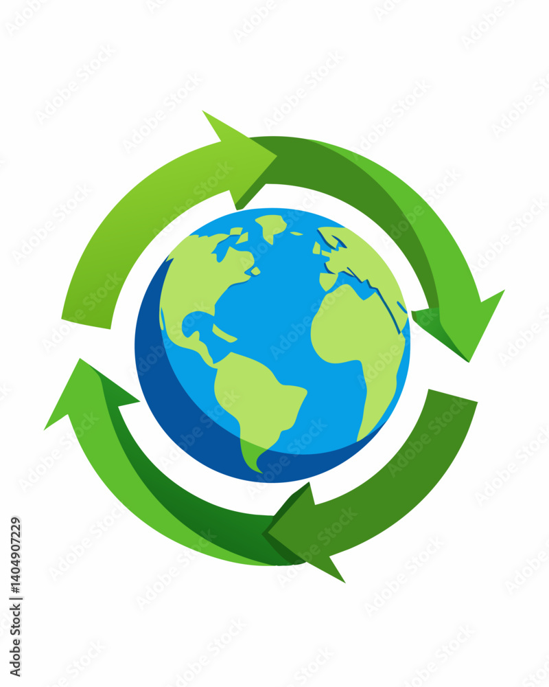 The recycling plants logo features a vibrant green Earth with arrows circling around it representing the continuous loop of recycling.. Vector illustration The recycling plants logo features a vibrant green Earth with arrows circling around it representing the continuous loop of recycling.. Vector illustration