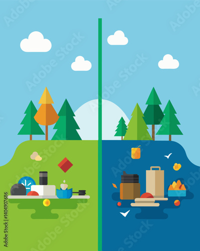 The gap between the two areas is evident even in the cleanliness of the streets with one area regularly maintained and the other littered with trash and debris.. Vector illustration