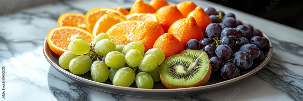 A vibrant fruit platter with fresh grapes, oranges, and kiwis on a marble countertop. Cinematic lighting highlights the rich colors, perfect for food blogs, ads, and healthy lifestyle content A vibrant fruit platter with fresh grapes, oranges, and kiwis on a marble countertop. Cinematic lighting highlights the rich colors, perfect for food blogs, ads, and healthy lifestyle content