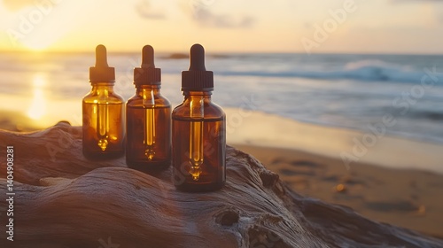 Amber Glass Bottles of Essential Oils on Beach at Sunset