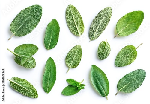 Diverse Collection of Fresh Sage Leaves on White Background Showcasing Various Shapes and Textures in Culinary Herbs