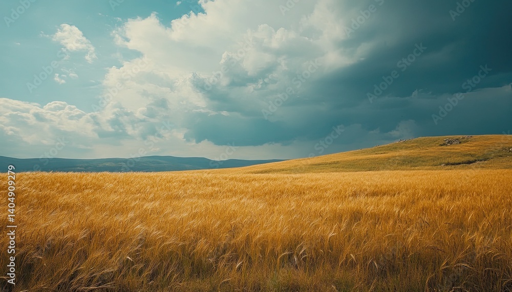 A golden wheat field swaying gently in the breeze under a dramatic cloudy sky. A golden wheat field swaying gently in the breeze under a dramatic cloudy sky.