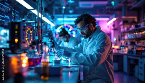 Researcher uses a pipette to mix solutions in a modern lab filled with vibrant neon lights and advanced equipment