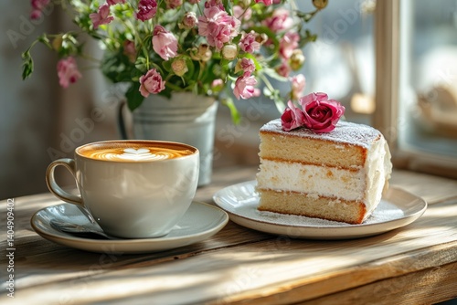A beautifully presented slice of cake topped with a rose sits next to a latte, surrounded by fresh flowers in a warm, inviting cafe