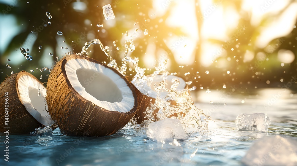 Refreshing Coconuts Splashing in Tropical Sunset Water Refreshing Coconuts Splashing in Tropical Sunset Water
