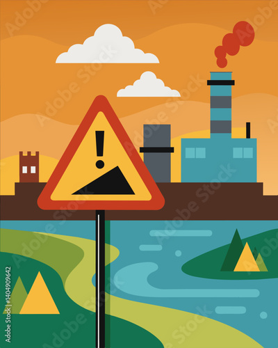 A warning sign posted near a river alerting residents of the high levels of mercury found in the water from industrial runoff.. Vector illustration