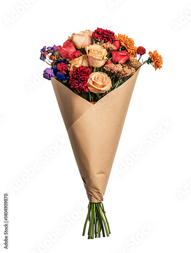 Colorful bouquet of roses and flowers wrapped in kraft paper on a white background.
