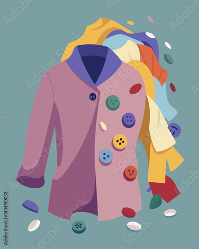The vibrant colors of the garments have now faded turning into a dull monotone sea of fabric scraps and plastic buttons.. Vector illustration