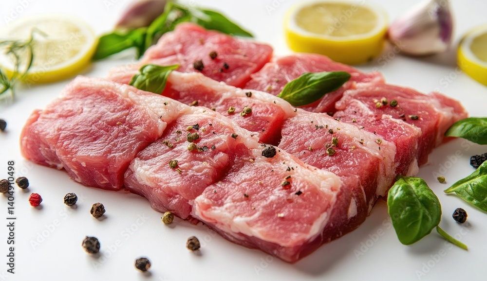 Freshly Cut Pork Chops with Herbs and Lemon Slices on White Background for Culinary Use and Food Photography Freshly Cut Pork Chops with Herbs and Lemon Slices on White Background for Culinary Use and Food Photography