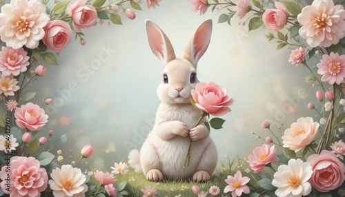 Pastel Dream: Adorable Bunny Holding a Rose Surrounded by Blooming Pink Flowers