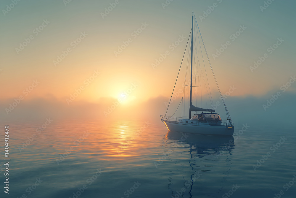 Small cozy yacht gently floating on calm morning sea, surrounded by soft mist and illuminated by the golden light of the sunrise in a peaceful atmosphere, generative ai Small cozy yacht gently floating on calm morning sea, surrounded by soft mist and illuminated by the golden light of the sunrise in a peaceful atmosphere, generative ai