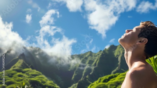 Asthma sufferer inhales pure mountain air amidst verdant scenery and a pristine azure sky for therapeutic relief.