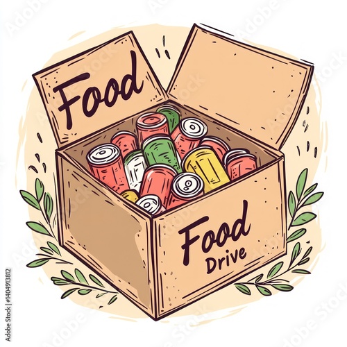 Colorful Box of Canned Goods for Food Drive with Vegetation Background and Hand-Drawn Style