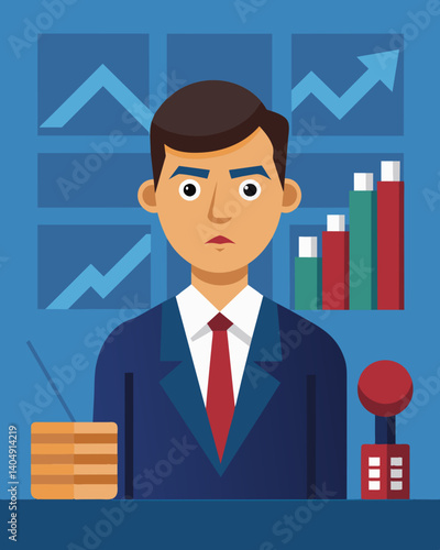 A news anchor with a somber expression reporting on the ripple effect of the stock market crash on different industries.. Vector illustration