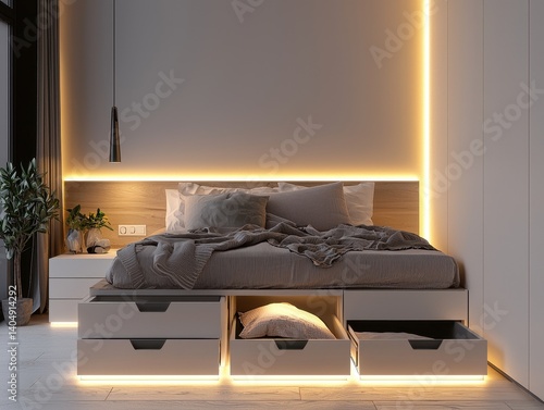 Cozy bedroom with under-bed storage, soft lighting, neutral colors, and modern design for comfort and relaxation.