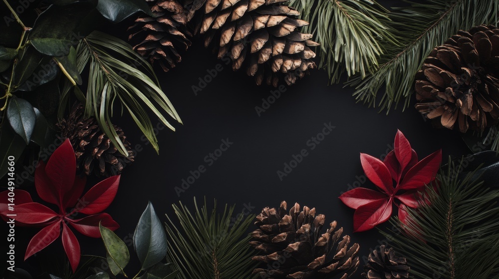 Fototapeta premium Dark Christmas flatlay with pinecones and red flowers