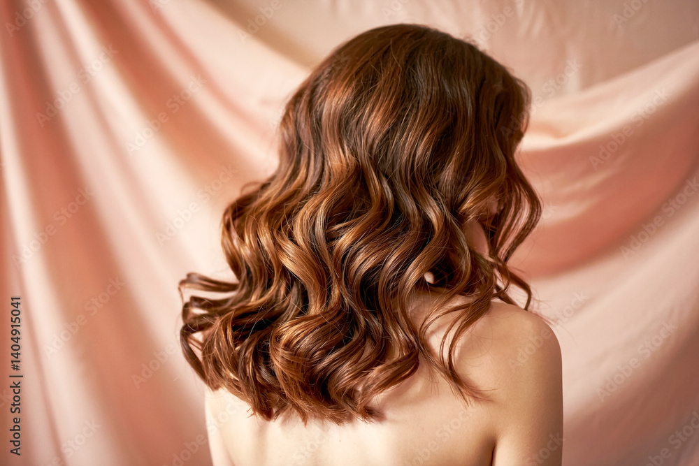 Fototapeta premium Woman With Beautiful Brown Curly Hair Posing On Pink Fabric Background