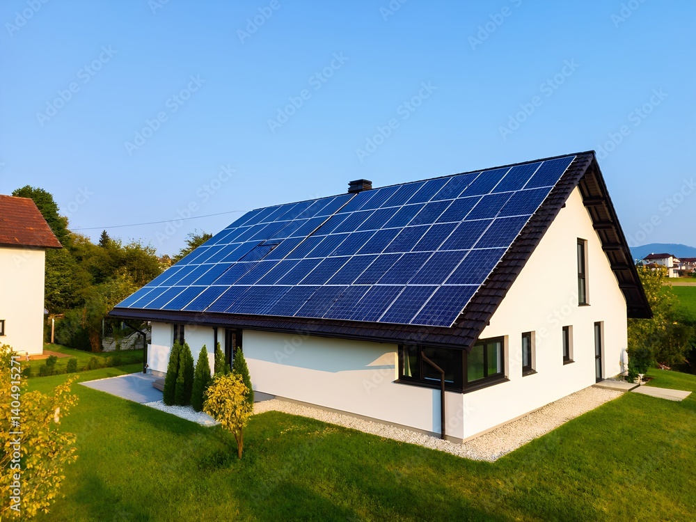 Modern Eco-Friendly House with Solar Panels in a Suburban Neighborhood on a Sunny Day. Modern Eco-Friendly House with Solar Panels in a Suburban Neighborhood on a Sunny Day.