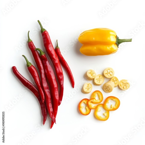 Peppers, sliced and whole, isolated.