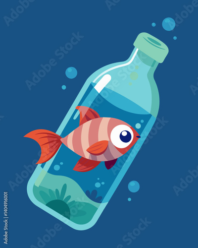 A small fish attempts to take shelter in a plastic bottle mistaking it for a safe haven in the polluted ocean.. Vector illustration