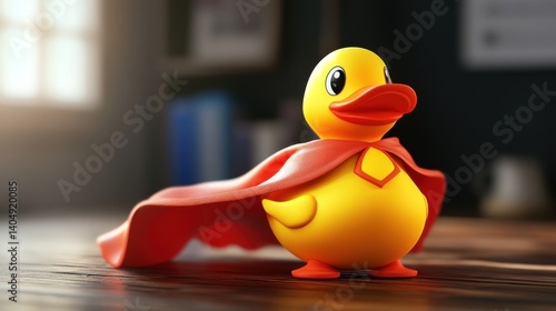 Rubber duck superhero standing guard in a blurred office setting