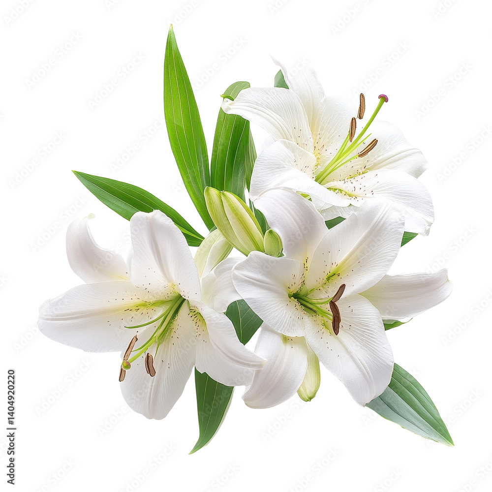 Freshly bloomed white Lys flowers with vibrant green leaves against a pristine Transparent background, Lys flowers PNG background Freshly bloomed white Lys flowers with vibrant green leaves against a pristine Transparent background, Lys flowers PNG background