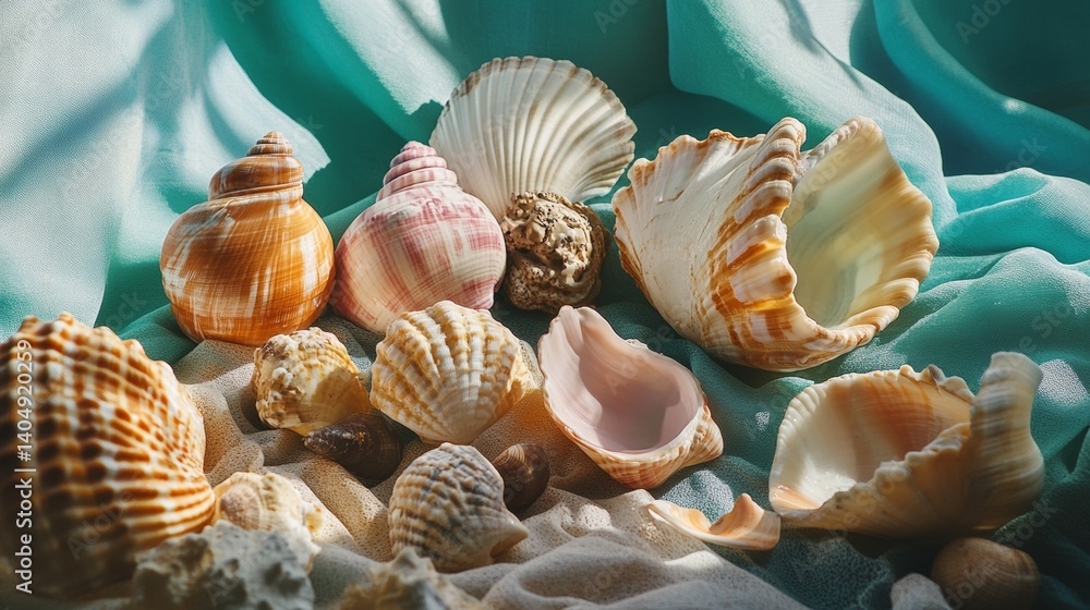 Obraz premium Seashell collection arranged on beach fabric background