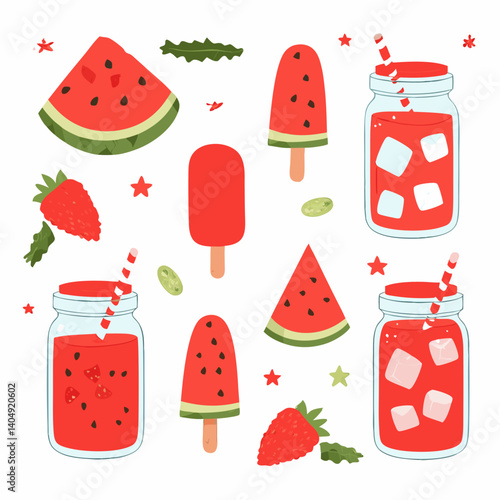 Watermelon and Strawberry Delight: Vibrant summery illustration showcasing refreshing watermelon slices, popsicles, and delightful strawberry with refreshing drink.