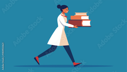  cheerful librarian carrying a stack of books
