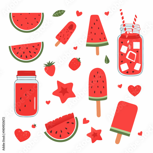 Summer Watermelon Delight: A colorful arrangement of refreshing watermelon slices, popsicles, and drinks, embodying the essence of summer fun and fruity indulgence.