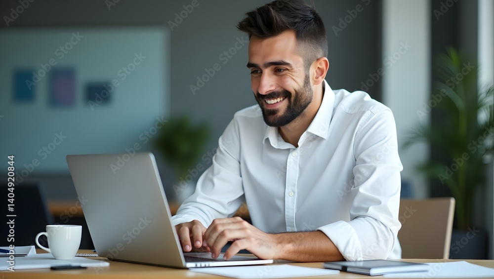Smiling businessman working on laptop in modern office setting, showing productivity, digital communication, and positive work attitude in a corporate environment Smiling businessman working on laptop in modern office setting, showing productivity, digital communication, and positive work attitude in a corporate environment