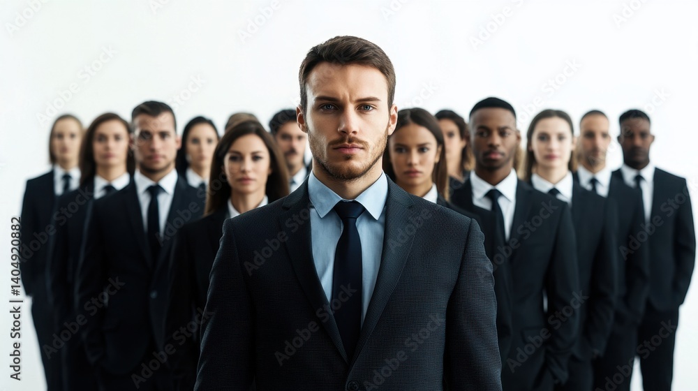 Confident businessman leading a diverse team, all in professional attire, against a blurred background. Strong leadership concept Confident businessman leading a diverse team, all in professional attire, against a blurred background. Strong leadership concept
